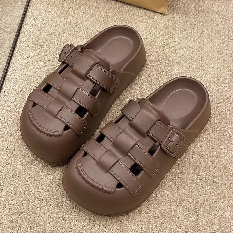 

Модные сандалии-гладиаторы на толстой платформе с вырезами для женщин 2025 лето с закрытым носком Eva сабо шлепанцы женские удобные на толстой подошве пляжные сандалии 39-40 кофейный