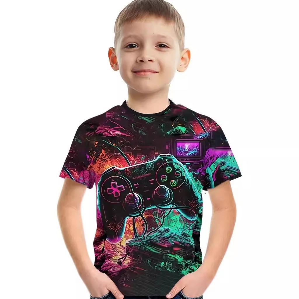 Summer Round Neck 3D Game Console Printed Top Fashionable Casual Short Sleeved Children's Boy T-shirts