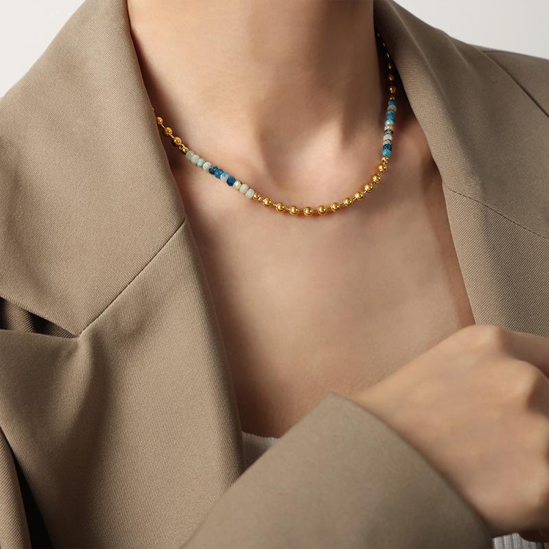 Meier Fashionable retro court style titanium steel bead natural stone agate handmade beaded necklace jewelry for women