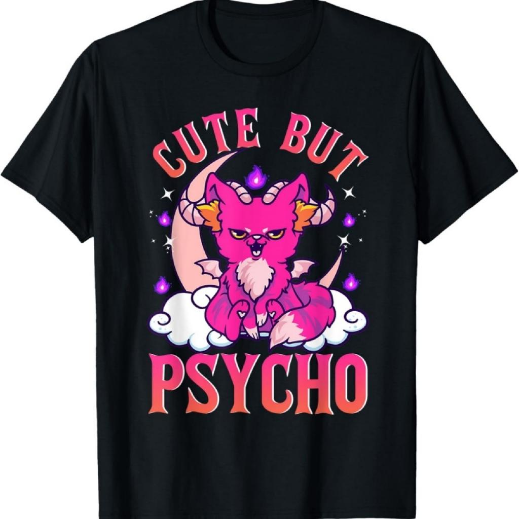 Niedliche aber Psycho Katze mit Ziegenhörnern Gruseliges Katzen T-Shirt