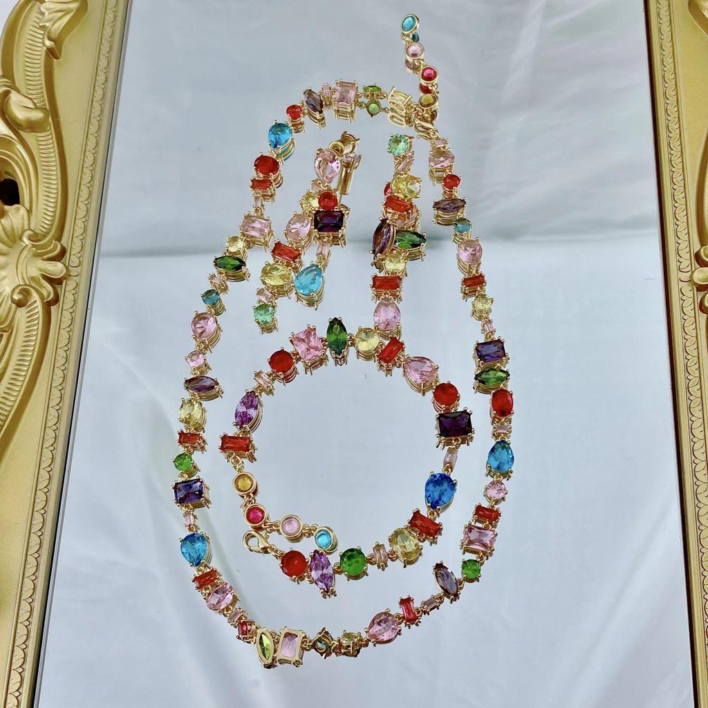 Women's Square Crystal Rainbow Jewelry Set: Bracelet, Necklace & 18K Gold Plated Earrings