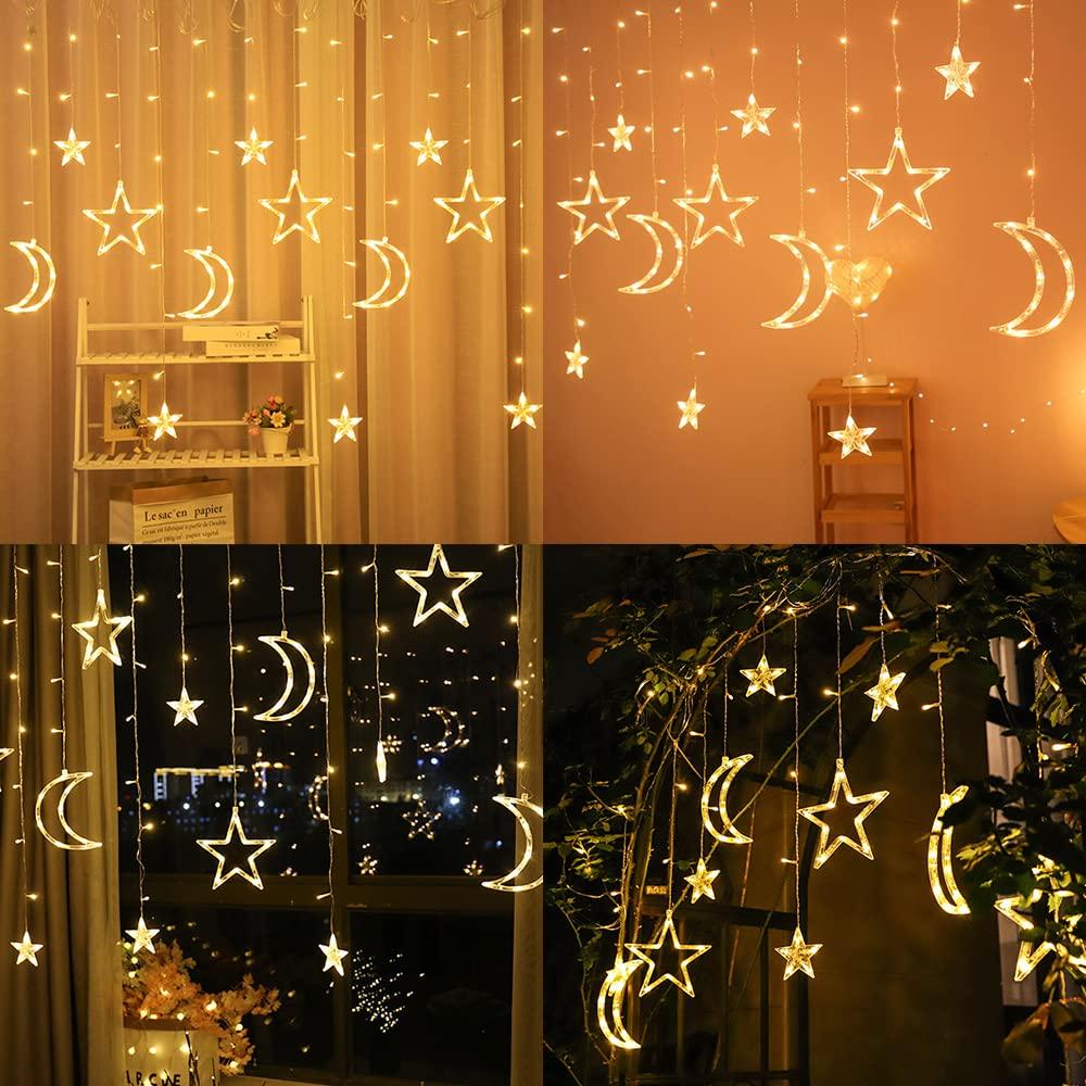 BQuel Star and Moon String Lights, 3.5m, 138 LEDs, USB Powered, 2-Way Power Supply, 8 Modes, Remote Control, Waterproof, Energy-Saving, IndoorOutdoor