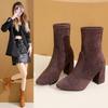 Fashion 2025 Autumn and Winter High Heel Pointed Toe Short Boots Women Plus Velvet Elastic Boots Thick Heel Black Single Boots