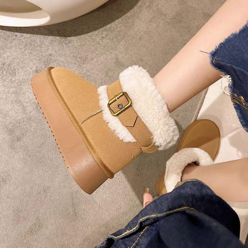 Mode Gula Rund Tå Fleecefodrade Damskor Vinter Plattform Ankel 2025 Nyhet Chic och Elegant Goth Vadderade Snökängor för Kvinnor