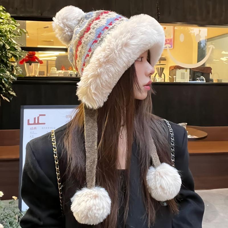 Autumn and Winter Knitted Hat Plush Thickened Warm Mongolian Hat Women's Hairball Ear Protection Wool Hat Big Head Circumference