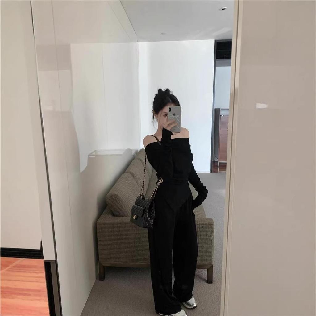 Women's Two-Piece Set: Tea-Colored One-Shoulder Irregular Top and Grey Wide-Leg Pants for Autumn