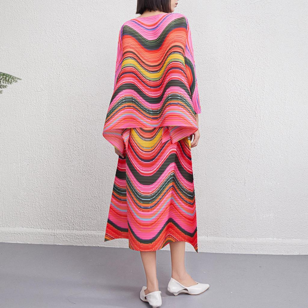 Miyake Plus Size Autumn Stripe Bodycon Skirt & Loose Pleated Top Two-Piece Set for Women