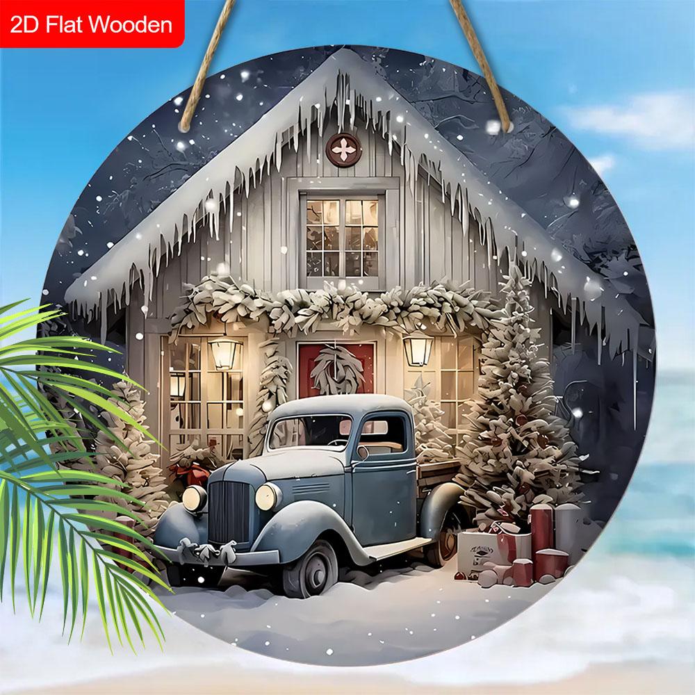 Warm Winter Wooden Christmas Sign with Snowhouse Pattern - Navidad Round Sign for Front Door, Wall Hanging Decor - Ideal Christmas Decoration