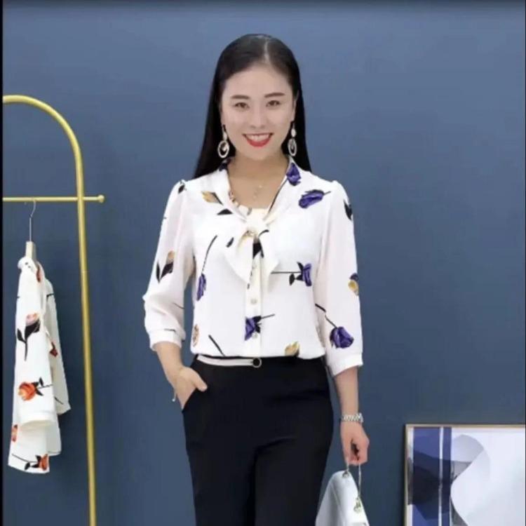 Cămașă de șifon cu mâneci trei sferturi și panglică pentru femei, ținută de vară pentru mamă, cămașă largă și subțire