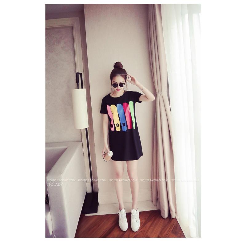 

Новая летняя футболка в корейском стиле, свободная, с принтом, с круглым вырезом, студенческая, с короткими рукавами, женское платье средней длины, женская одежда 3XL чёрный