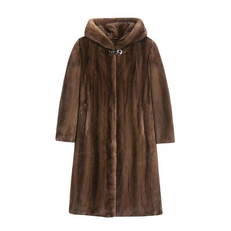 Women's Long Hooded Faux Mink Fur Coat - High-End Thickened Design