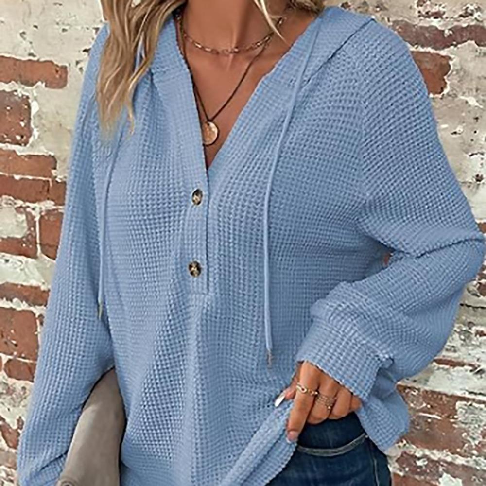 Autumn Women's Solid Color Long Sleeved V-neck Top Thin Hooded Button Sweatshirt Coat Women's Fashionable Versatile Hooded Sweatshirt