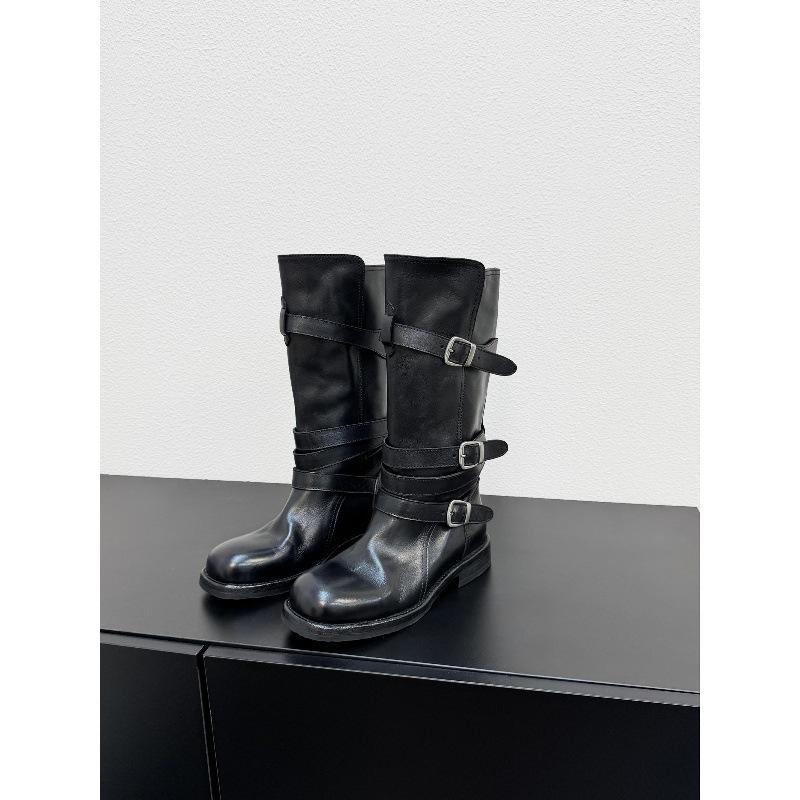 Cowhide version thick heel thick sole wrap-around belt buckle medium boots genuine leather boots women's western boots versatile knight boots