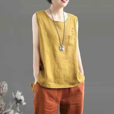 Canotta artistica senza maniche in cotone e lino da donna - tinta unita, scollo rotondo, vestibilità attillata per primavera/estate