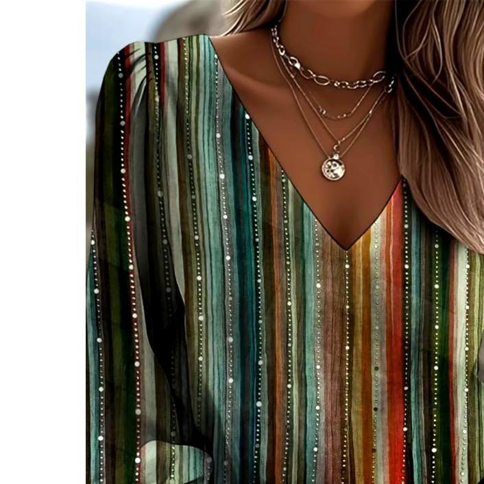 Printed Retro V-neck Women's Geometric Pattern Long-sleeved Top, New Style Women's Retro Western-style Printed V-neck Blouse