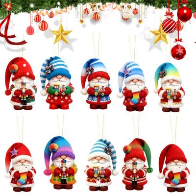 Winter Holiday Tree Ornaments Colorful Santa Gnome Christmas Ornaments, 2D Flat Acrylic Hanging Traditional Scene Decor Pendant for Xmas Tree, Mantel,