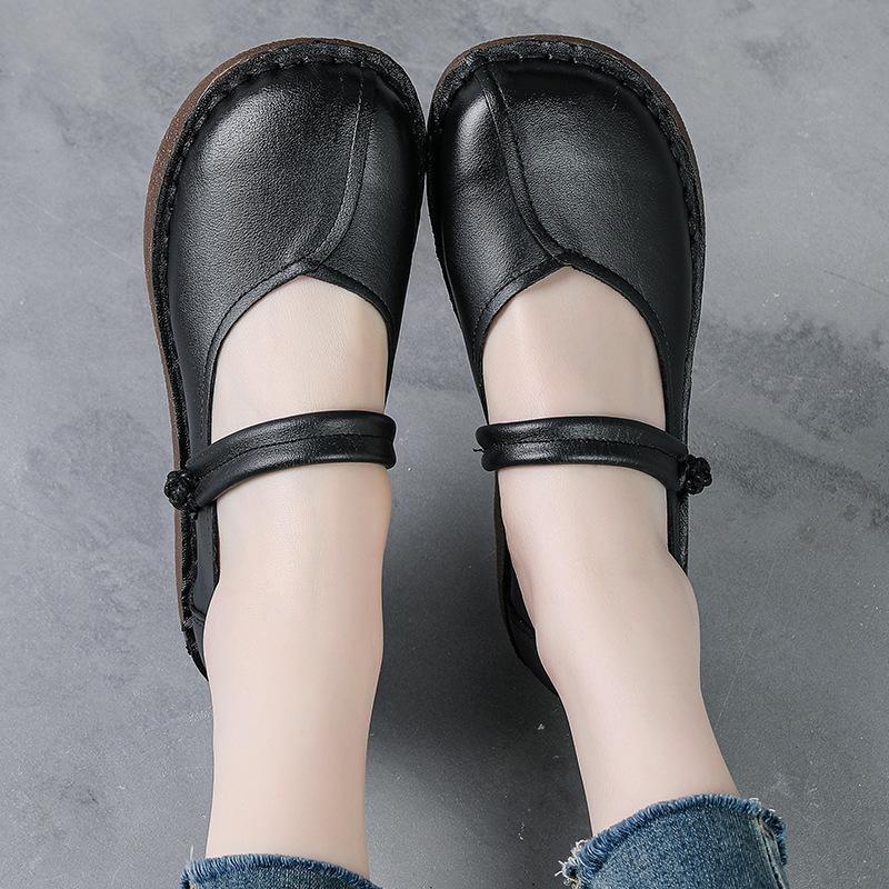 Nouvelles Chaussures d'Automne à Bout Large Vintage Femmes Cuir Véritable Ballerines à Lanières Dames Mocassins Col V Mère Luxe Semelle Épaisse Chaussure Plate