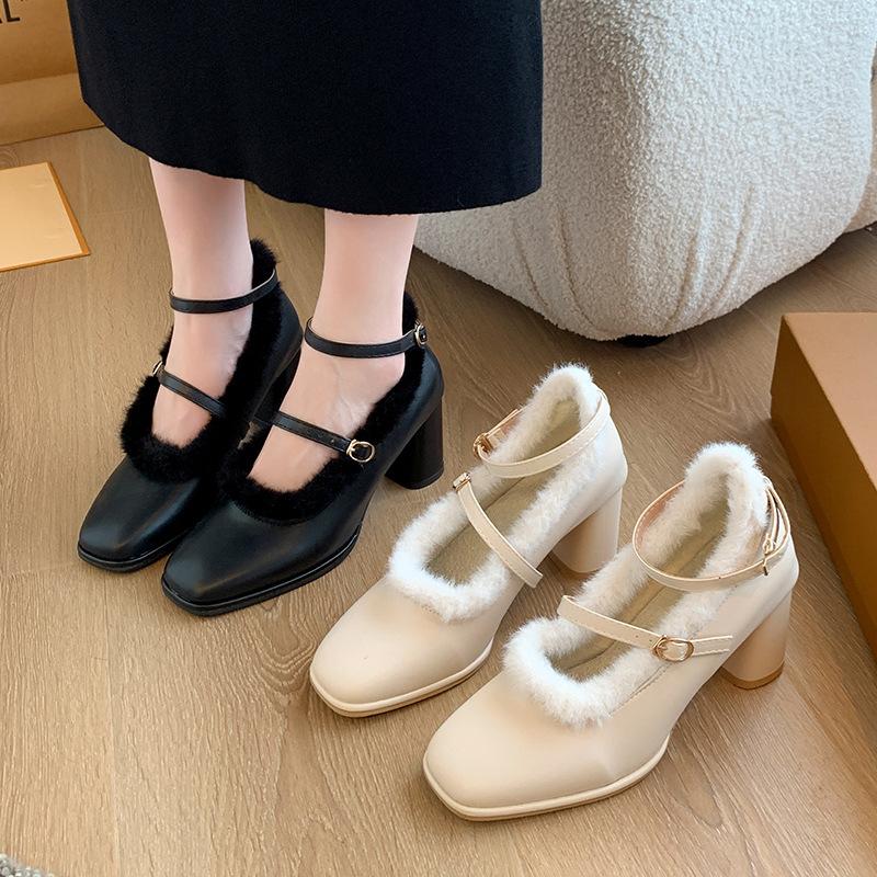 High heels women's new mink hair French thick heel fairy style word with Mary Jane women's shoes retro square head single shoes
