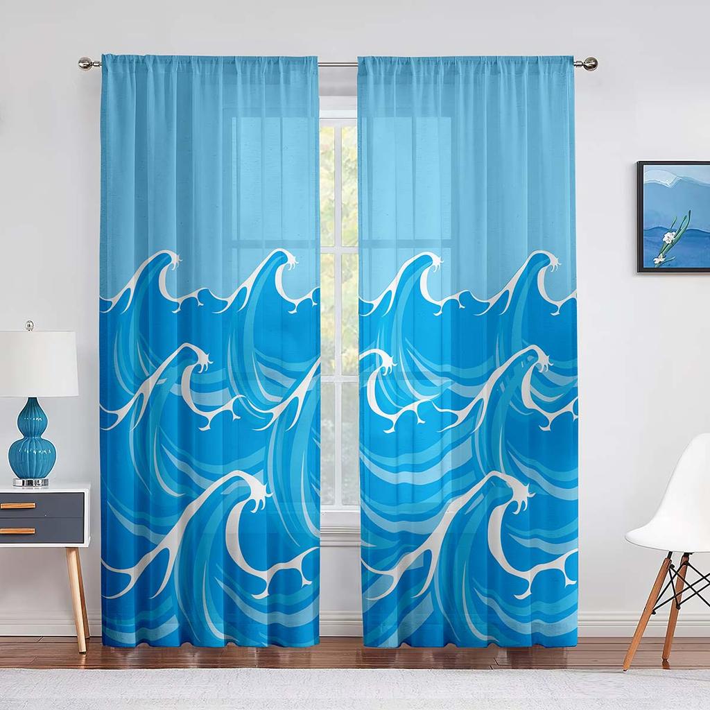 Oriental Culture Hand Drawn Style Japanese Motifs Illustration Wave Tulle Curtains for Living Room Bedroom Sheer Curtain Kitchen