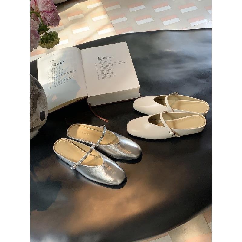 Sheepskin version inner height increase leather word with shallow mouth single shoes bag head half slippers women's Mary Jane shoes