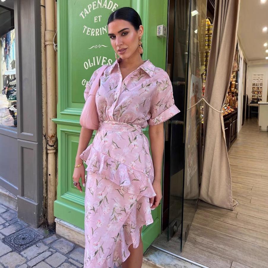 Spot Temperament Printed Lotus Leaf Edge Irregular Hem Sexy Dress Spring New European Beautiful Woman
