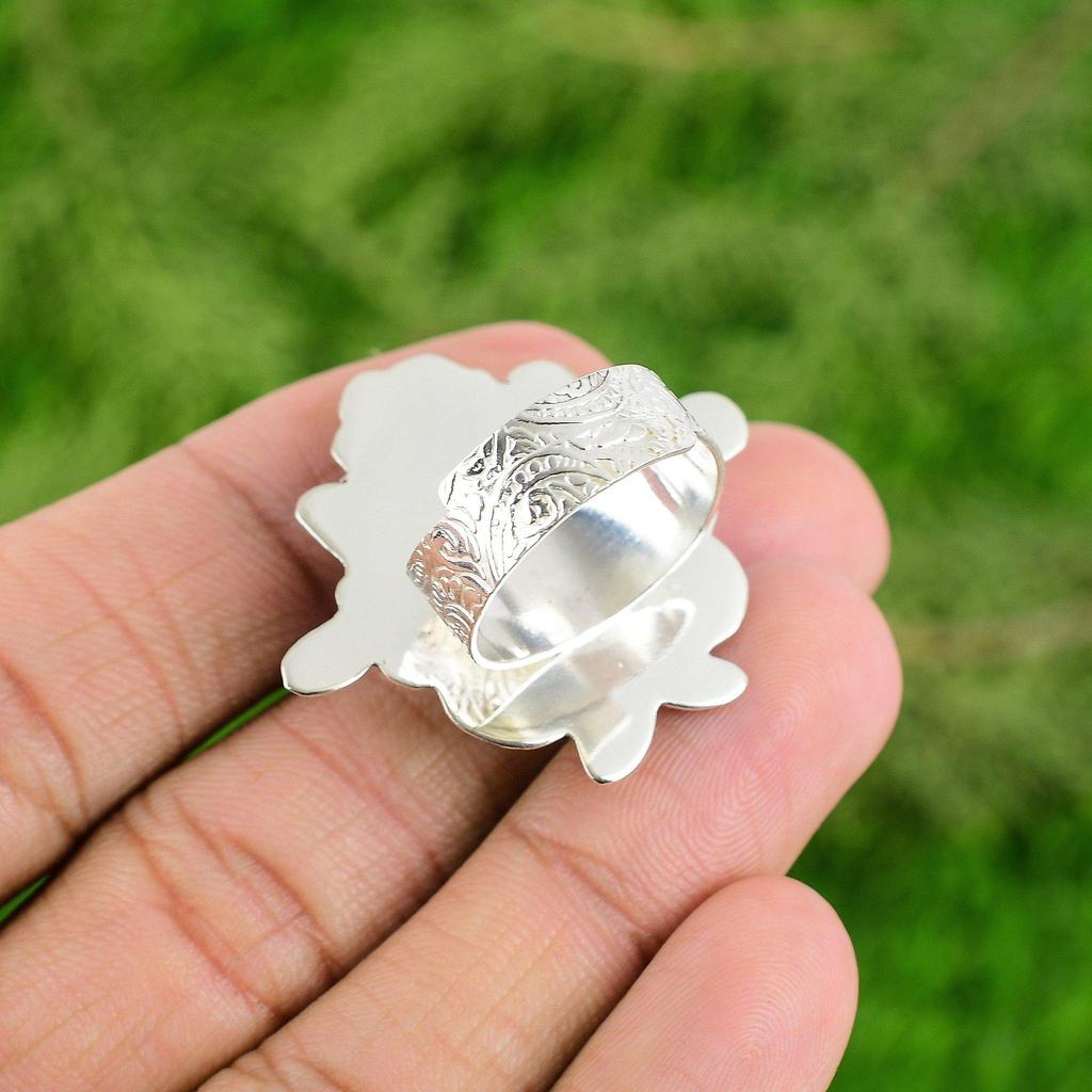 Gift For Her 925 Silver Natural Rainbow Moonstone Promise Flower Adjustable Ring