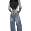 2026 Spring Korean High-Waist Printed Denim Straight-Leg Jeans for Women - Loose, Drape, Floor-Length Style
