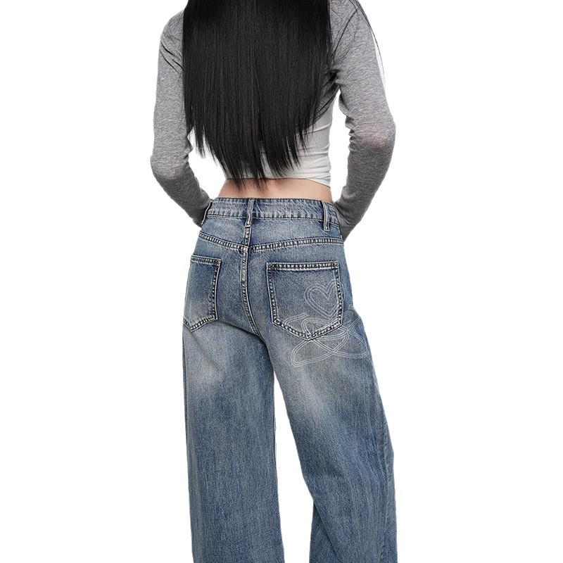 2026 Spring Korean High-Waist Printed Denim Straight-Leg Jeans for Women - Loose, Drape, Floor-Length Style
