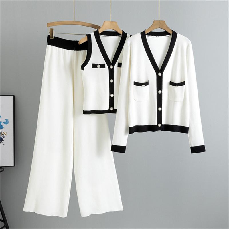 Dámský podzimní módní pletený oblek s výstřihem do V, široké nohavice, pletená vesta, pletený kardigan, třídílný set