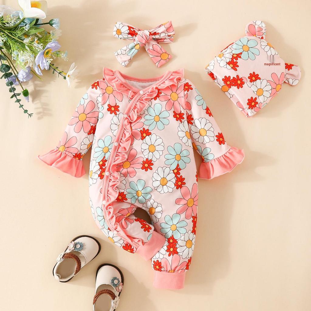 Baby Horn Floral Bodysuit & Lace Hat Set - Girl's Three-Piece Outfit for Crawling