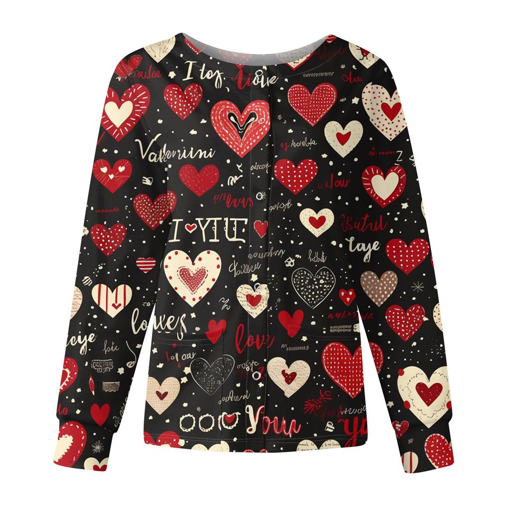 Women's Casual Fashion Long Sleeve Standing Collar Single Breasted Valentine's Day Print Workwear Jacket Tops