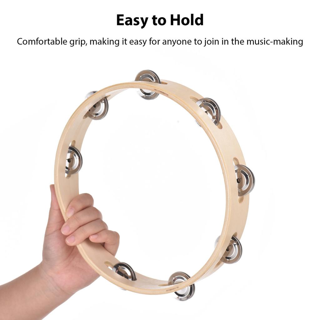 8 Inch Tambourine for Adults Pleasant Jingle Sound Hand Cranked Bell Rings Wooden Natural Color Metal Bell Sound