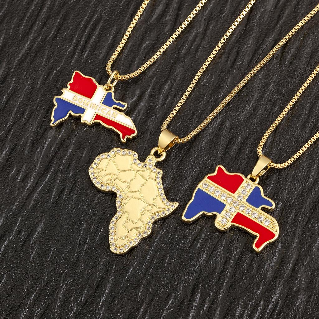 Nidin Hot Sale Dominican Flag African Continent Map Pendant Necklace For Women Men Copper Zircon Charm Jewelry Fashionable Gifts