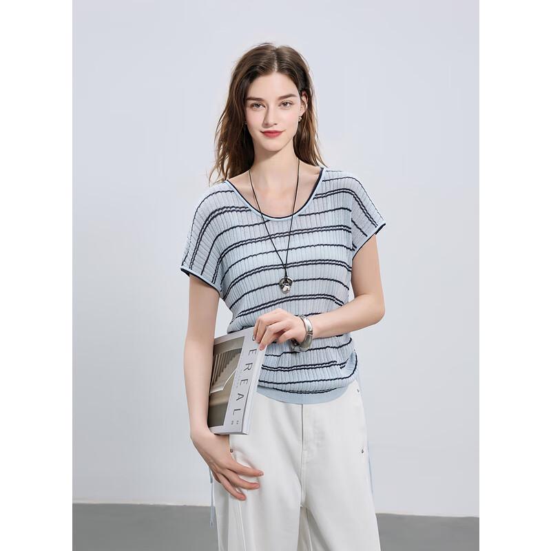 Sancai 2025 Summer Ice Silk Striped Round Neck Short Sleeve Drawstring Knit Top