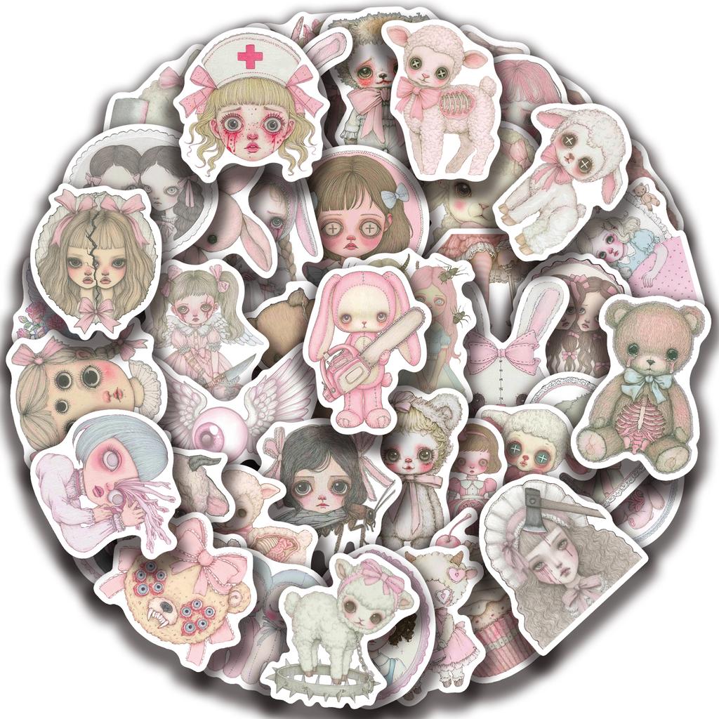 50PCS Pink Creepy Girl Stickers Cute Cartoon Doodles Decorative Stickers for Cups, Notebooks, Phones, and Luggage