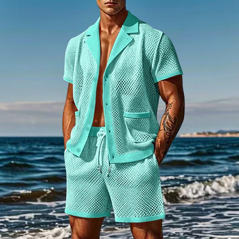 Completo 2 Pezzi da Uomo Estivo Traspirante in Rete con Colletto a Rever T-Shirt e Set di Pantaloncini Design Fresco Sexy con Tessuto Forato Abbigliamento da Spiaggia
