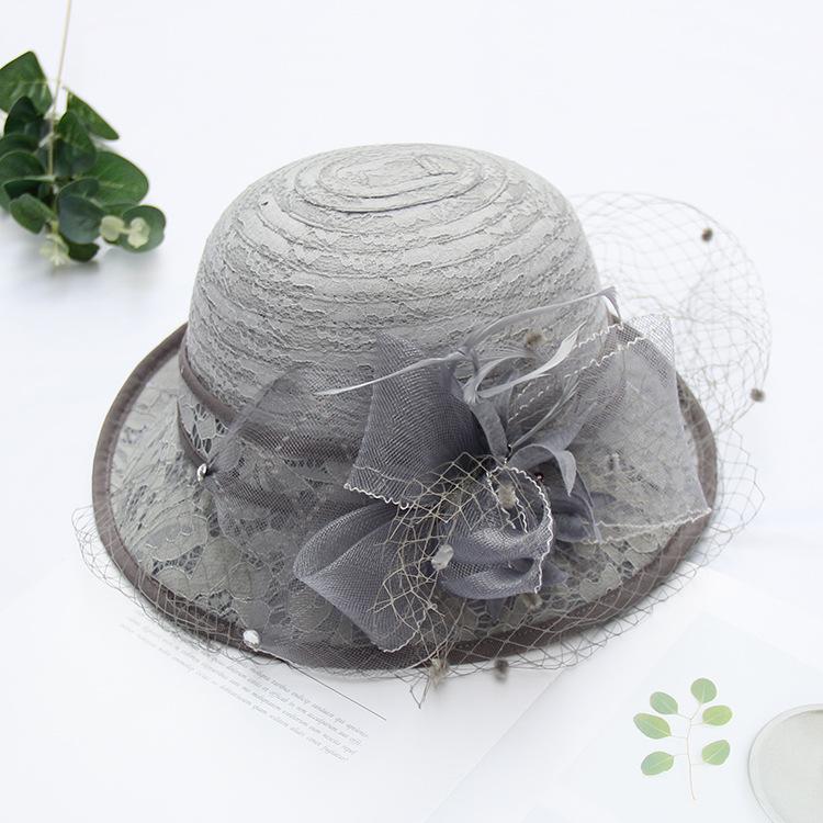 Curled top hat women's summer face cover mesh fashion basin hat British retro sun hat elegant flower lace bucket hat