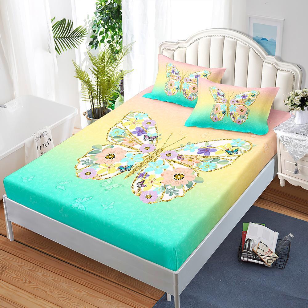 Sheet Three-Piece Butterfly Gradual Change Bedspread Pillowcase Mattress Protective Cover