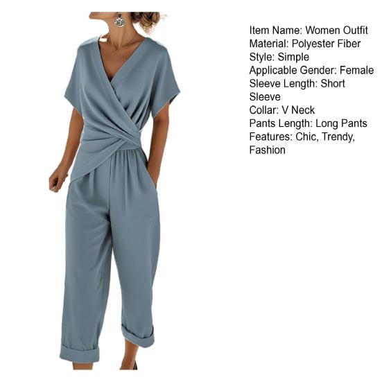 Conjuntos de 2 Peças Femininos com Barra Assimétrica, Decote V, Manga Curta, Top Franzido e Calças Cropped, Conjuntos Casuais de Verão para Relaxar