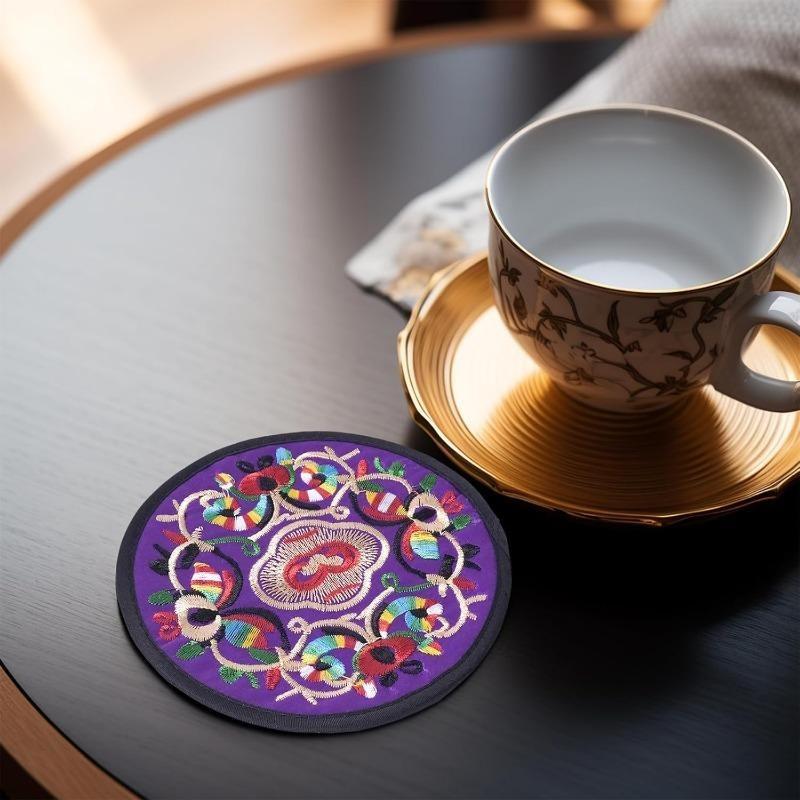 Floral Cloth Coasters for Decoration,13cm Fabric Embroidered Round Coaster Art Souvenirs Gifts Vintage Ethnic Teacup Mat Home Ornament,1pc