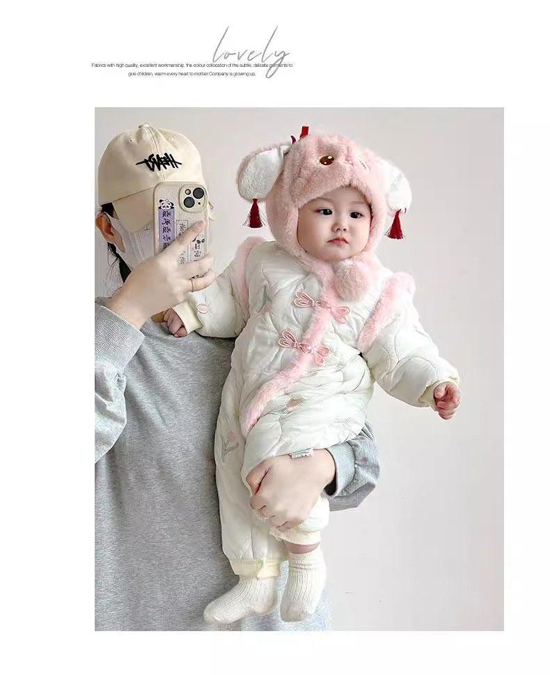 Super Cute Fleece-Lined Baby Winter Romper Jumpsuit with Cotton-Padded Jacket