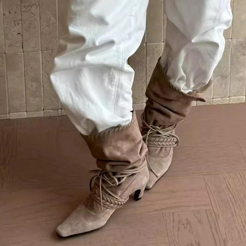 Sheepskin Version~ Nomadic Niche Suede Small Square Head High Heel Western Cowboy Boots Women's Pleated Thin Boots Medium Boots