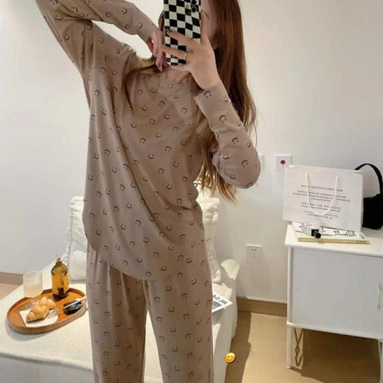 2024 Korean Style Women's Smiley Face Pajama Set - Spring/Autumn Long Sleeve Solid Color Homewear
