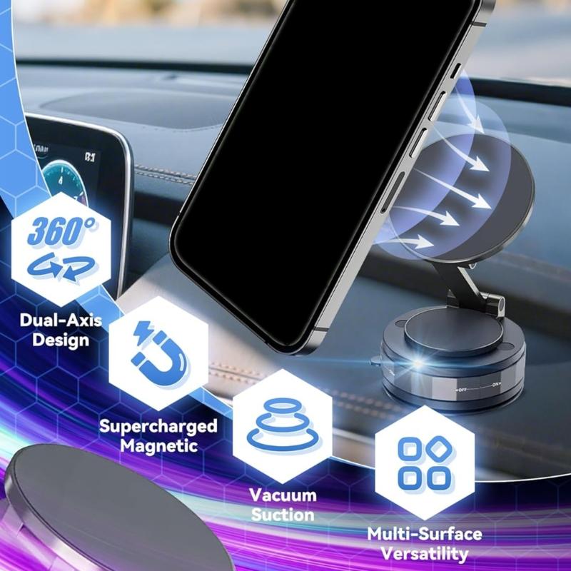 Strong Magnetic Car Phone Holder Adjustable Stand with Vacuum Suction Base for Multiple Surfaces Dashboard Installation