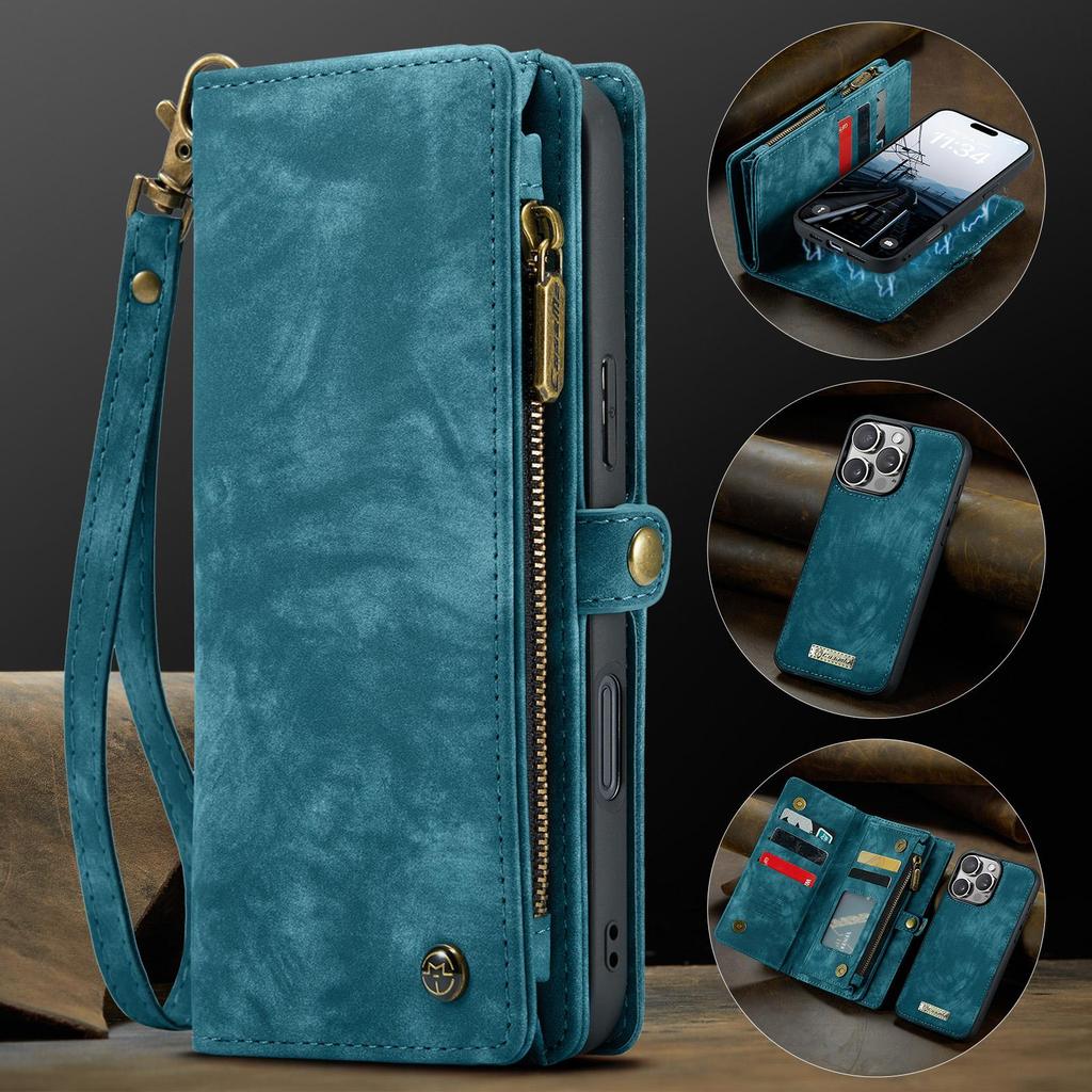 CaseMe-008 For iPhone 16 Pro Max Removable 2-in-1 Zipper Wrise Strap Multi-functional Wallet Case Card Slots Phone Cover