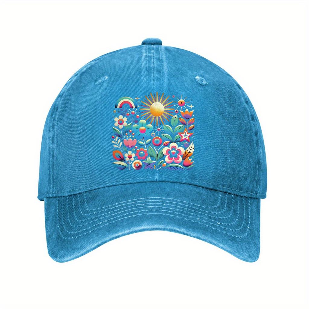 Vibrant Floral Sun Rainbow Baseball Cap Unisex Casual Denim Wash Outdoor Adjustable Adult Dad Hat