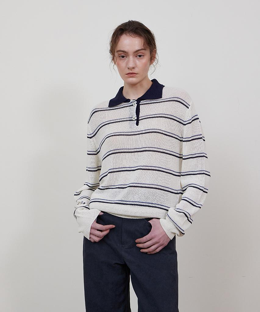 STEP AROUND Stripe Collar Linen Knit_Navy