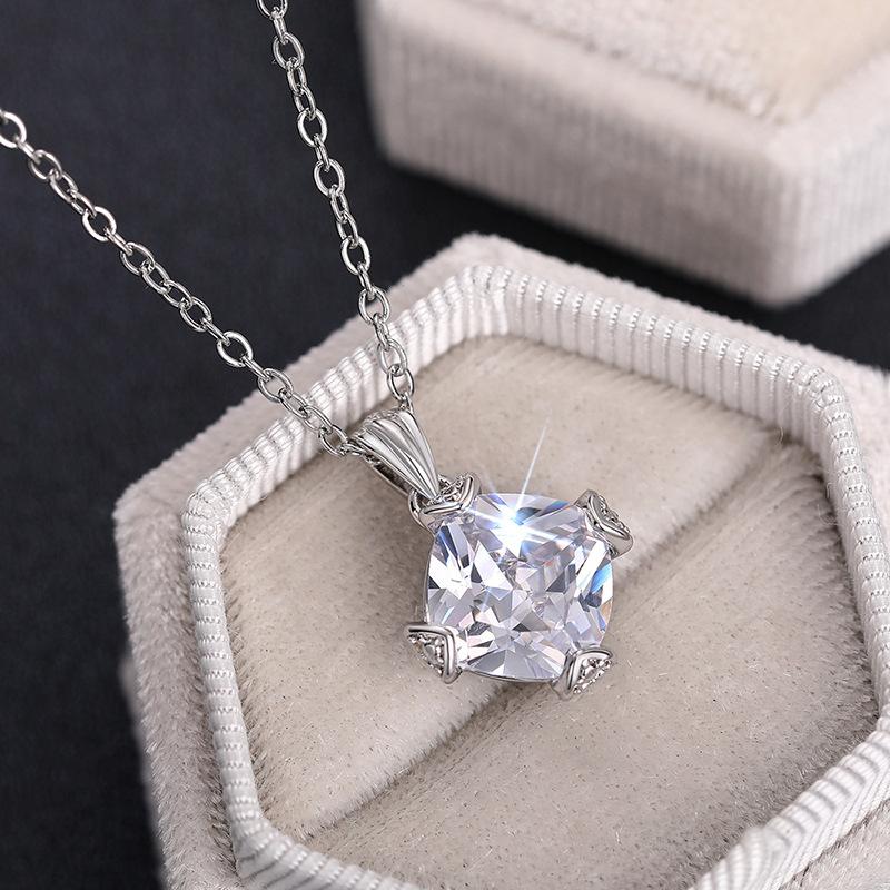 Silver Plated Square Cut Clear Zircon Pendant Necklace