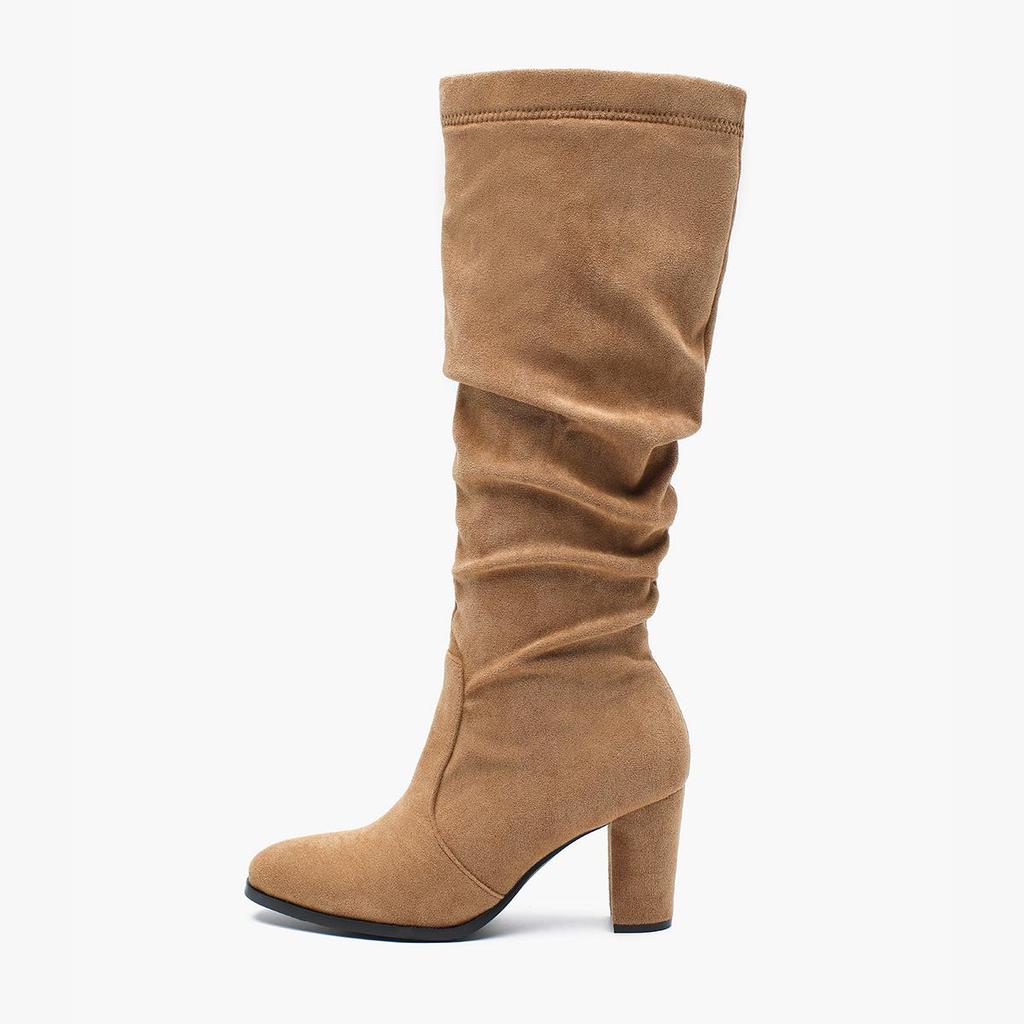 Slimming Women's Plus Size Suede Long Boots with Zipper - Solid Color, Small Square Toe for Autumn & Winter