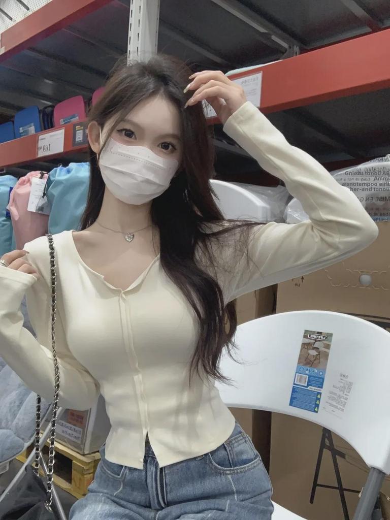 Korean Spring 2024 Split Long-Sleeve T-Shirt for Women